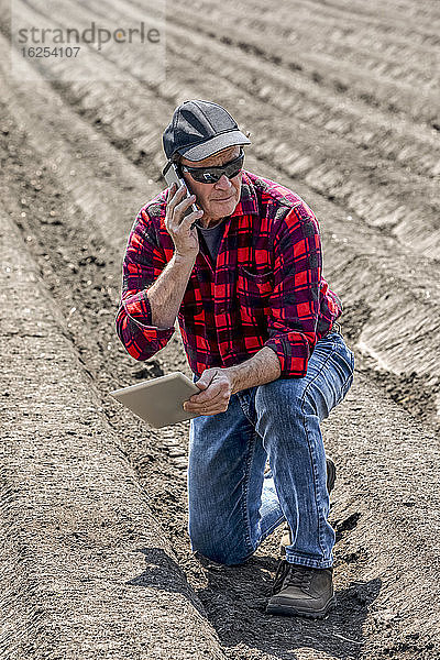 Ein Landwirt steht mit einem Tablet und einem Smartphone auf frisch bestelltem Ackerland; Alberta  Kanada
