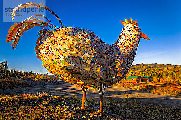 Sonnenuntergangsglühen auf der metallenen Hühnerskulptur auf dem Hügel der historischen Bergbaustadt Chicken  Inneres Alaska im Herbst; Chicken  Alaska  Vereinigte Staaten von Amerika