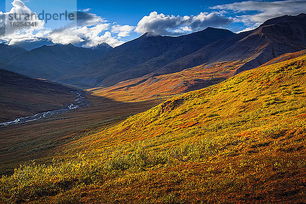 Die Brooks Mountains und das Kuyuktuvuk Creek Valley in Herbstfarben unter blauem Himmel. Tore des Arktischen Nationalparks und Naturschutzgebietes  Arktisches Alaska im Herbst; Alaska  Vereinigte Staaten von Amerika