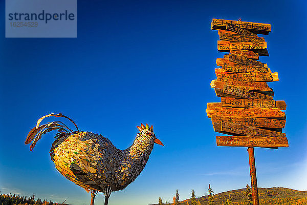 Sonnenuntergangsglühen auf der metallenen Hühnerskulptur und dem Wegweiser auf dem Hügel der historischen Bergbaustadt Chicken  Inneres Alaska im Herbst; Chicken  Alaska  Vereinigte Staaten von Amerika