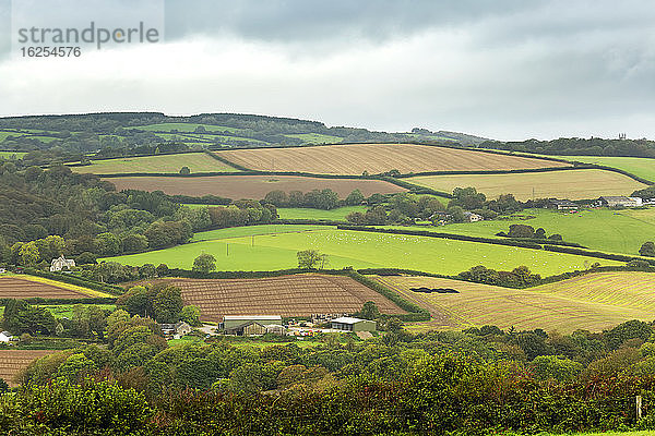 Ein Flickenteppich aus hügeligen  von Bäumen und Sträuchern gesäumten Feldern; Grafschaft Cornwall  England