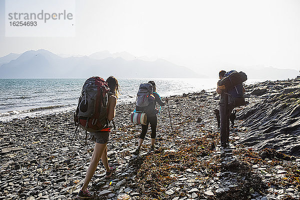 Millennials (ein Mann  zwei Frauen) auf Rucksacktour an einem felsigen Strand mit ihrem schwarzen Laborhund ausserhalb von Seward  Alaska zum Caine's Head mit der Resurrection Bay zur Linken  an einem dunstigen Sommertag; Seward  Alaska  Vereinigte Staaten von Amerika