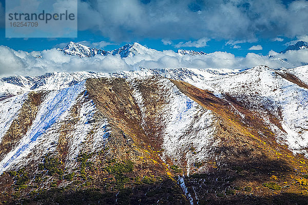 Herbstfarbene  mit Schnee bestäubte Chugach-Berge  im Hintergrund gezackte Gipfel. Chugach State Park  Süd-Zentral-Alaska im Herbst; Anchorage  Alaska  Vereinigte Staaten von Amerika