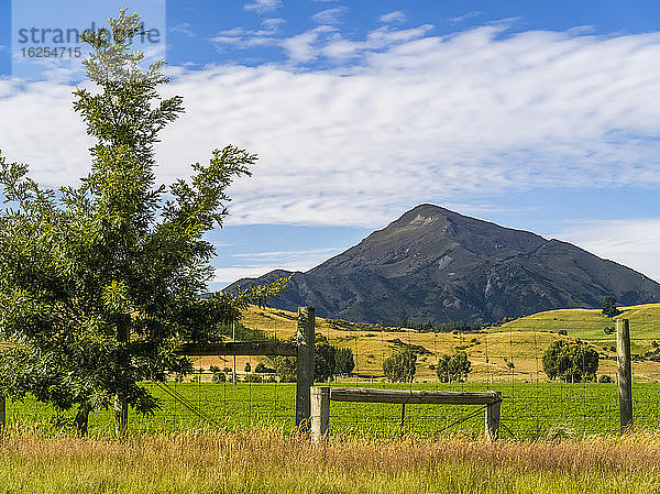 Üppiges Ackerland und ein spitzer Berg auf der Südinsel Neuseelands; Wanaka  Southland Region  Südinsel  Neuseeland