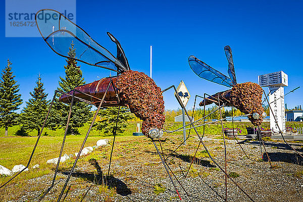 Moskito-Skulpturen im Besucherzentrum von Delta Junction an einem sonnigen Tag  Inneres Alaska im Herbst; Delta Junction  Alaska  Vereinigte Staaten von Amerika