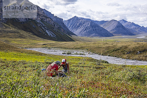 Zwei kaukasische Frauen pflücken wilde Blaubeeren in der Tundra  hinter ihnen fließt ein Bach  der an einem sonnigen Tag im Marsh Fork-Tal in der Brooks Range aus den Bergen im Hintergrund herausfließt  Arctic National Wildlife Refuge; Alaska  Vereinigte Staaten von Amerika