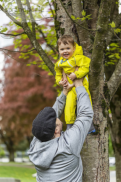 Vater hebt Tochter im Park auf einen Baum  während sie vor Freude in die Kamera lächelt; Surrey  British Columbia  Kanada