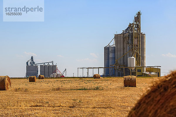 Gerollte Heuballen auf dem Feld und automatisiertes Getreideterminal mit Silos und Behältern für die Verladung von Getreide auf Güterzüge für den Export; Alberta  Kanada