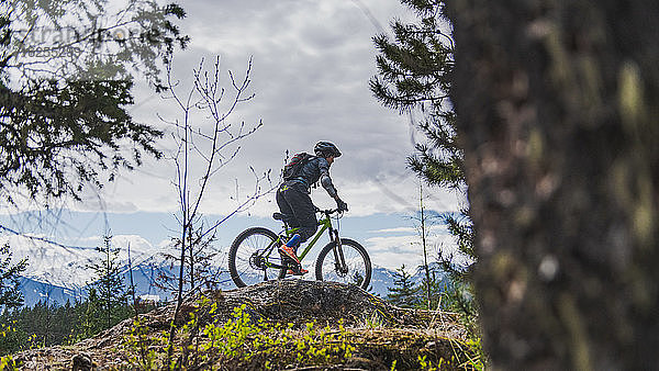 Frau beim Mountainbiking in einem Wald in den kanadischen Bergen
