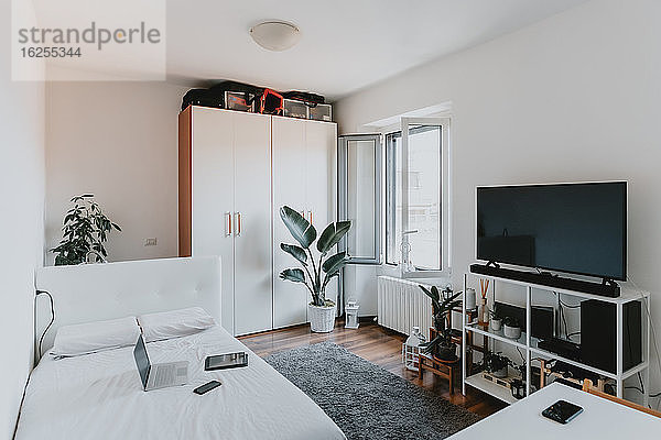 Innenansicht des Wohnzimmers mit Holzboden  weißem Schlafsofa und Flachbildfernseher auf weißem Regal.