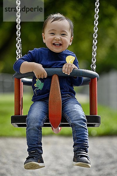 Kleinkind  Junge  14 Monate  multiethnisch  auf Kinderschaukel  lacht  Blaubeuren  Baden-Württemberg  Deutschland  Europa