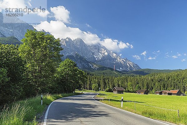 Straße zum Eibsee mit Zugspitze  bei Grainau  Werdenfelser Land  Bayern  Deutschland  Europa