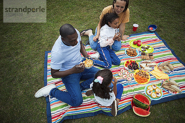 Familie genießt Picknick auf einer Decke im Park