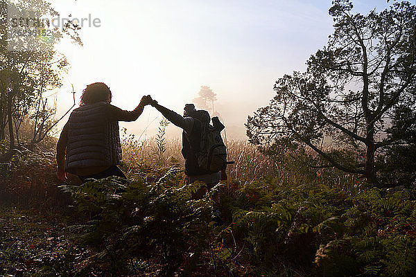 Silhouette eines jungen Paares  das im Morgengrauen im Wald wandert