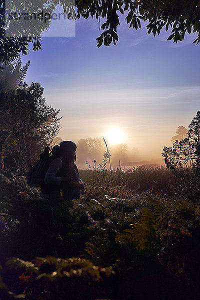 Silhouette eines liebevollen jungen Paares  das einen malerischen Sonnenuntergang in der Natur genießt