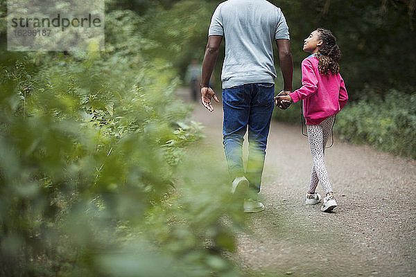 Vater und Tochter halten sich beim Wandern auf Waldwegen an den Händen