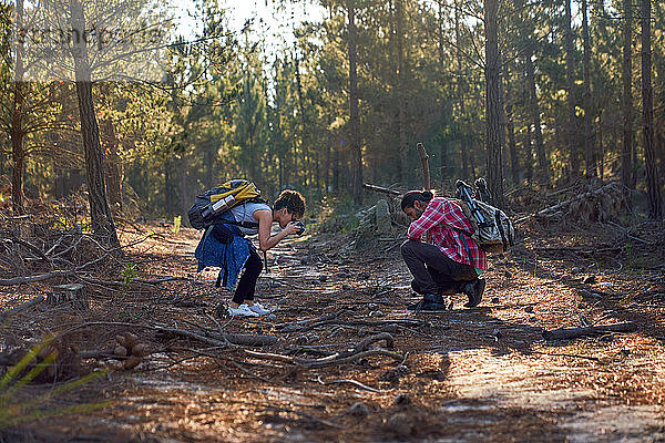 Junges Wanderpaar mit Kamera im Wald