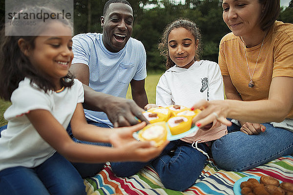 Familie genießt Törtchen auf einer Picknickdecke im Park