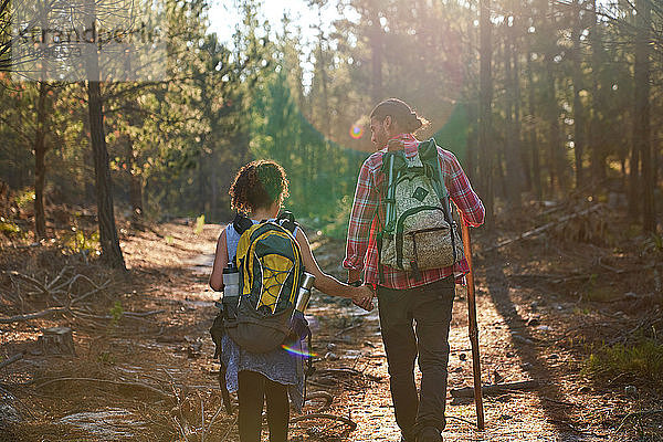 Junges Paar wandert mit Rucksäcken in sonnigen Sommerwäldern
