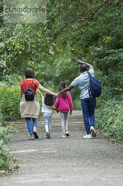 Familie hält Hände und geht auf dem Weg im Park