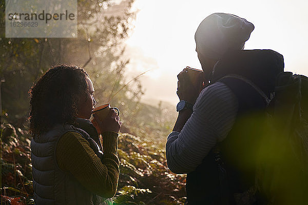 Silhouette eines jungen Paares beim Kaffeetrinken in herbstlicher Natur