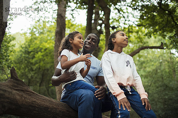 Glücklicher Vater und glückliche Töchter sprechen unter Bäumen im Wald