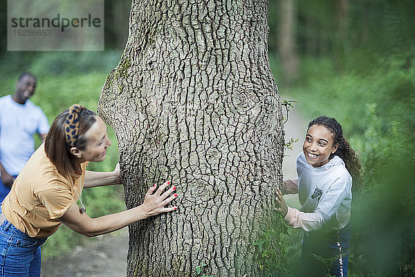 Verspielte Mutter und Tochter am Baum im Wald