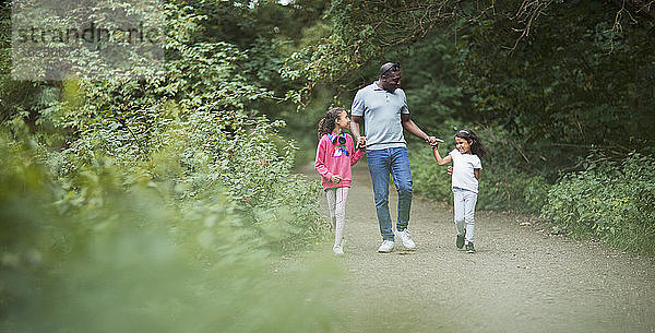 Vater und Töchter halten sich auf dem Weg im Park an den Händen