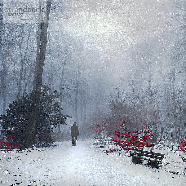 Mann geht in verschneitem Wald  digitale Bearbeitung