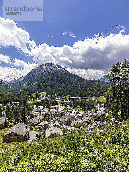 Schweiz  Kanton Graubünden  Pontresina  Stadt im Val Bernina an einem sonnigen Sommertag