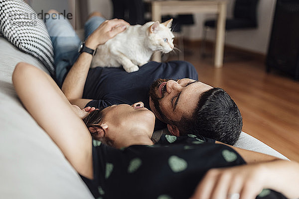 Junge Frau und mittlerer erwachsener Mann liegen auf dem Sofa und teilen Zärtlichkeiten mit der Katze zu Hause