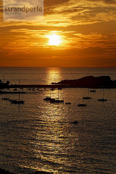 Frankreich  Haute-Corse  LIle-Rousse  Silhouetten von Segelbooten vor einer kleinen Mittelmeerinsel bei stimmungsvollem Sonnenuntergang