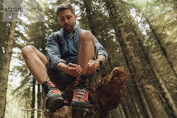 Mittlerer erwachsener Mann bindet Schnürsenkel  während er auf einem Baum im Wald sitzt