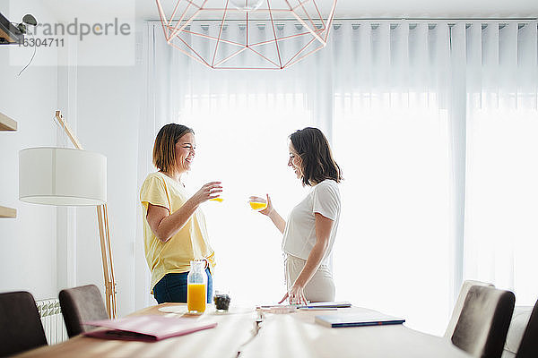 Frauen trinken Saft  während sie zu Hause am Tisch stehen