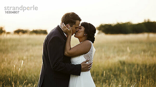 Zärtliches junges Brautpaar  das sich bei Sonnenuntergang auf einem Feld küsst