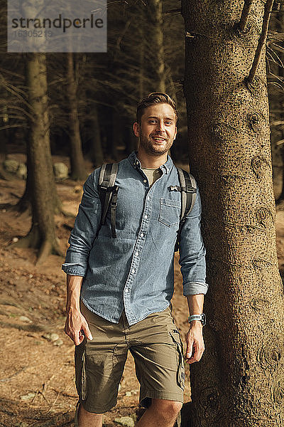 Hübscher Wanderer  der im Wald an einem Baumstamm steht