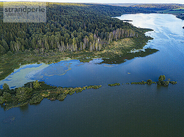 Luftaufnahme des Sees Torbeyevskoye im Sommer