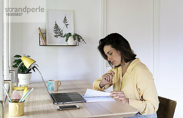 Junge Unternehmerin schaut in ihr Tagebuch  während sie am Laptop sitzt
