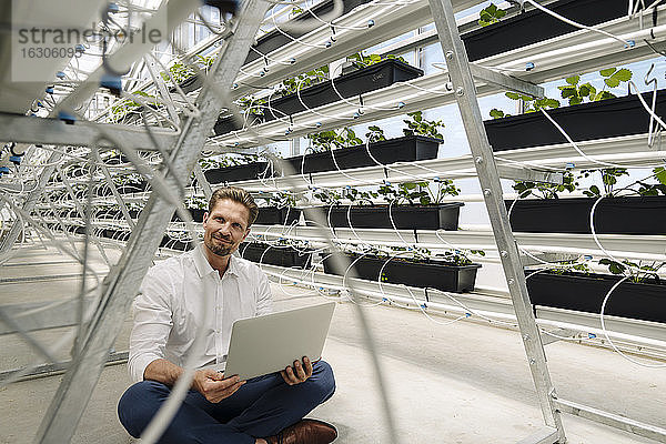 Männlicher Unternehmer  der einen Laptop benutzt  während er inmitten von Pflanzen im Gewächshaus sitzt
