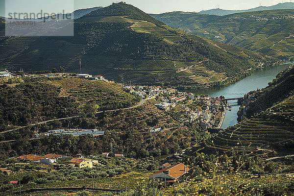 Portugal  Bezirk Porto  Porto  Dorf auf dem Lande im Sommer mit terrassierten Hügeln und dem Fluss Douro im Hintergrund