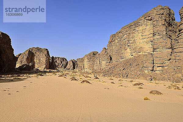 Afrika  Algerien  Sahara  Nationalpark Tassili N'Ajjer  Sanddünen und Felsformation bei Tikobaouine