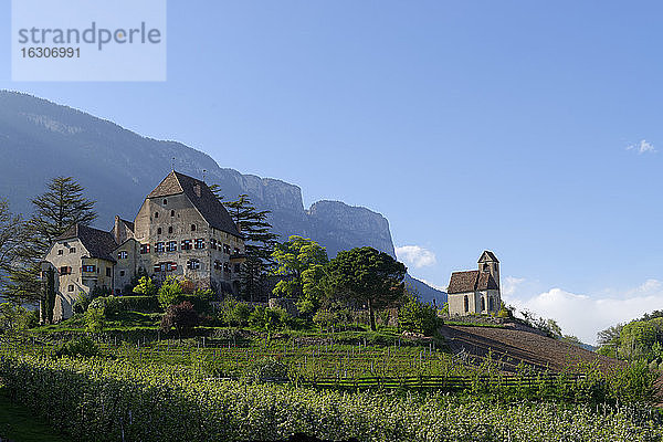 Italien  Südtirol  Südtiroler Unterland  Eppan  Obsthandschuh am Schloss Englar  mit Schlosskirche St. Sebastian