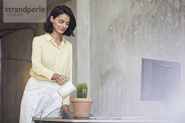 Lächelnde Unternehmerin  die eine Kaktuspflanze auf dem Schreibtisch im Büro gießt