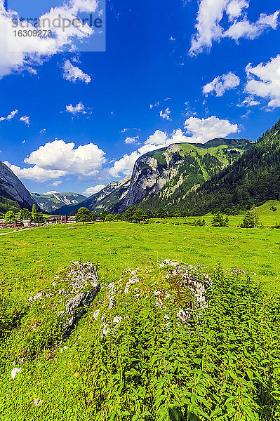 Österreich  Tirol  Vomp  Blick auf das grüne Unterinntal im Sommer mit Dorf im Hintergrund