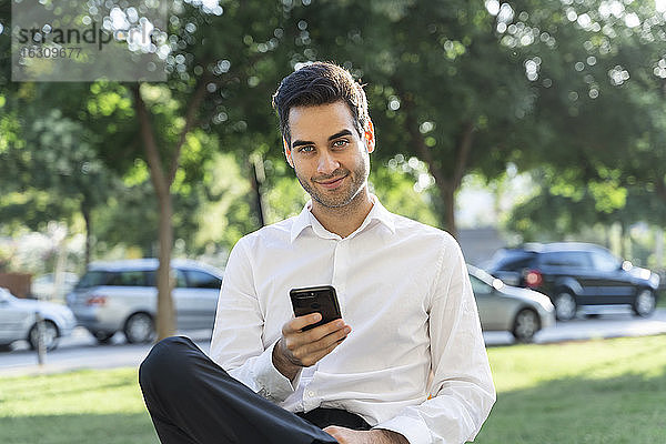 Selbstbewusster Geschäftsmann  der sein Smartphone benutzt  während er an einem Baum sitzt