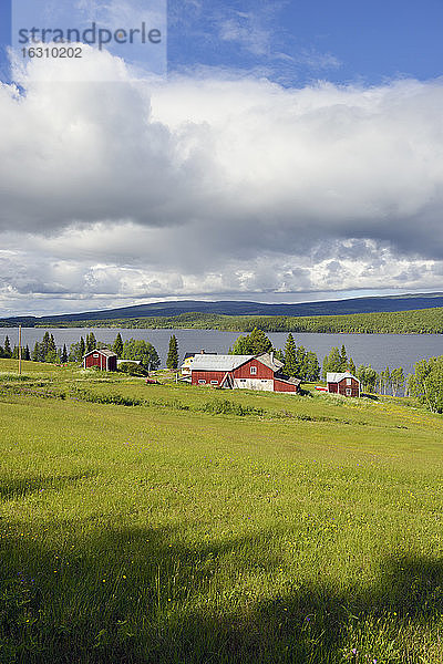 Schweden  Gaeddede  Landschaft mit Häusern bei Vildmarksvaegen