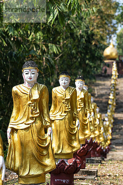 Reihe von goldenen Buddha-Statuen im Freien