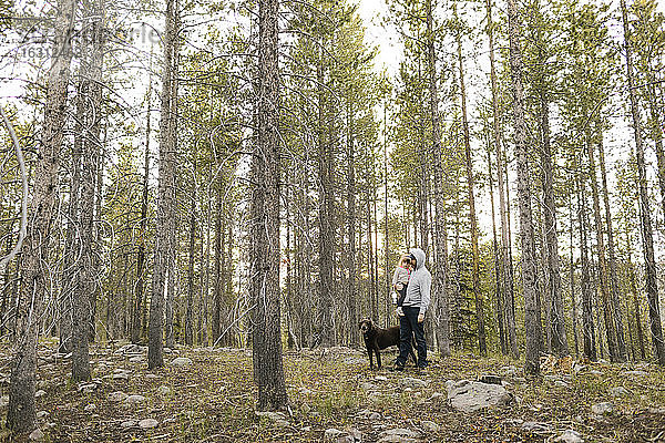 Vater mit Tochter (2-3) und Hund im Wald  Wasatch Cache National Forest