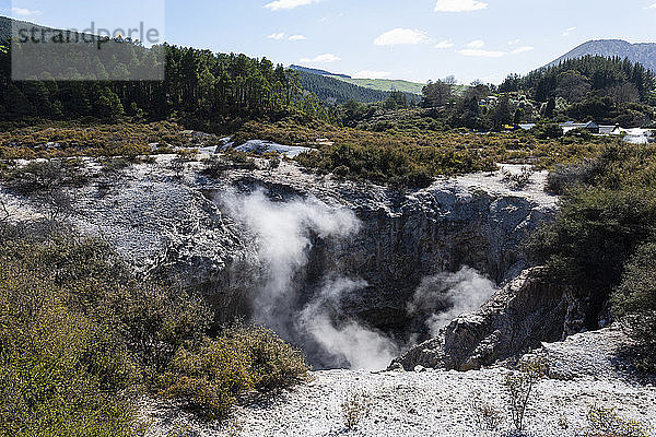 Thermalbecken mit Nebel  der aus den beheizten Wasserbecken aufsteigt