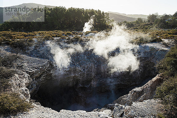 Blick in einen Krater mit geothermischem Hitzedampf  der aus dem Wasser aufsteigt